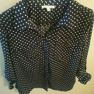 Navy blue/white polka dot button up blouse